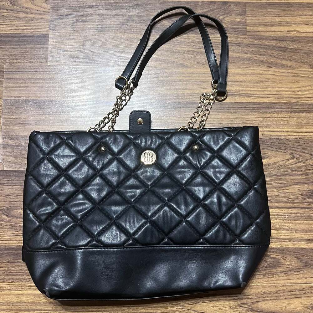 Bill Blass Black Quilted Faux Leather Shoulder Tote Bag with Gold Tone Chain Str
